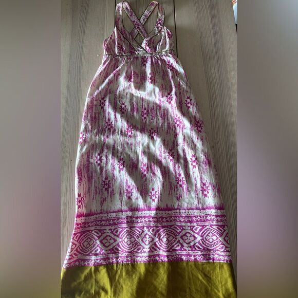 Ann Taylor LOFT 100% Silk tribal maxi cris cross halter Pink, White, & moss Sz 0 - Picture 2 of 9